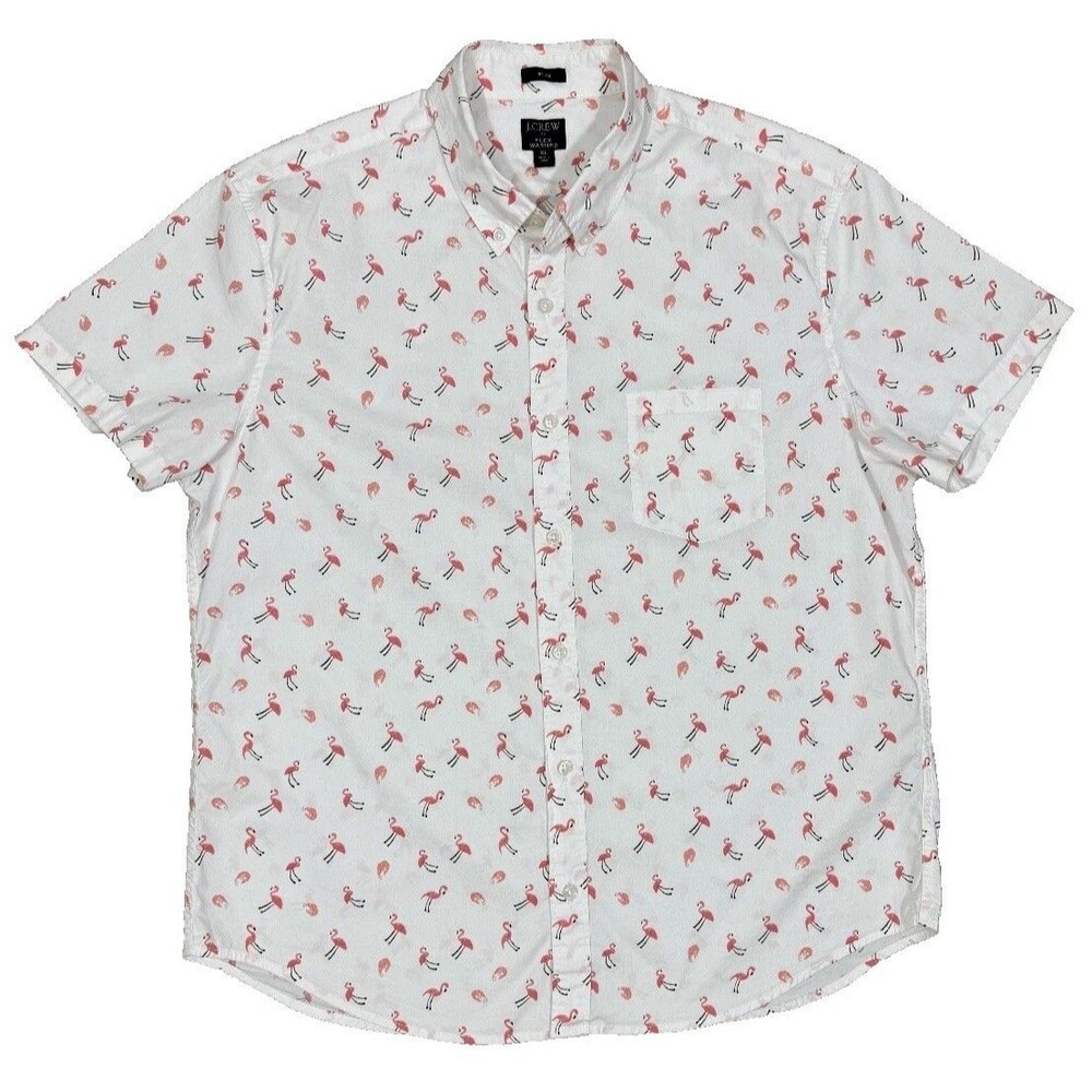 J.Crew Mens XL Flex Washed Shirt Pink Flamingo Print Short Sleeve Button Up
